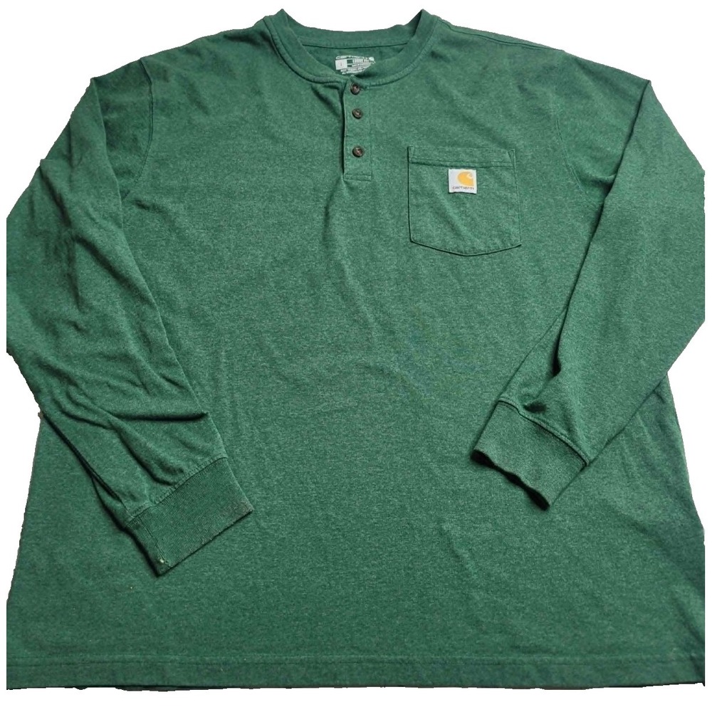 Carhartt Henley Shirt Men L Green Long Sleeve Workwear Loose Fit Pocket Tee
